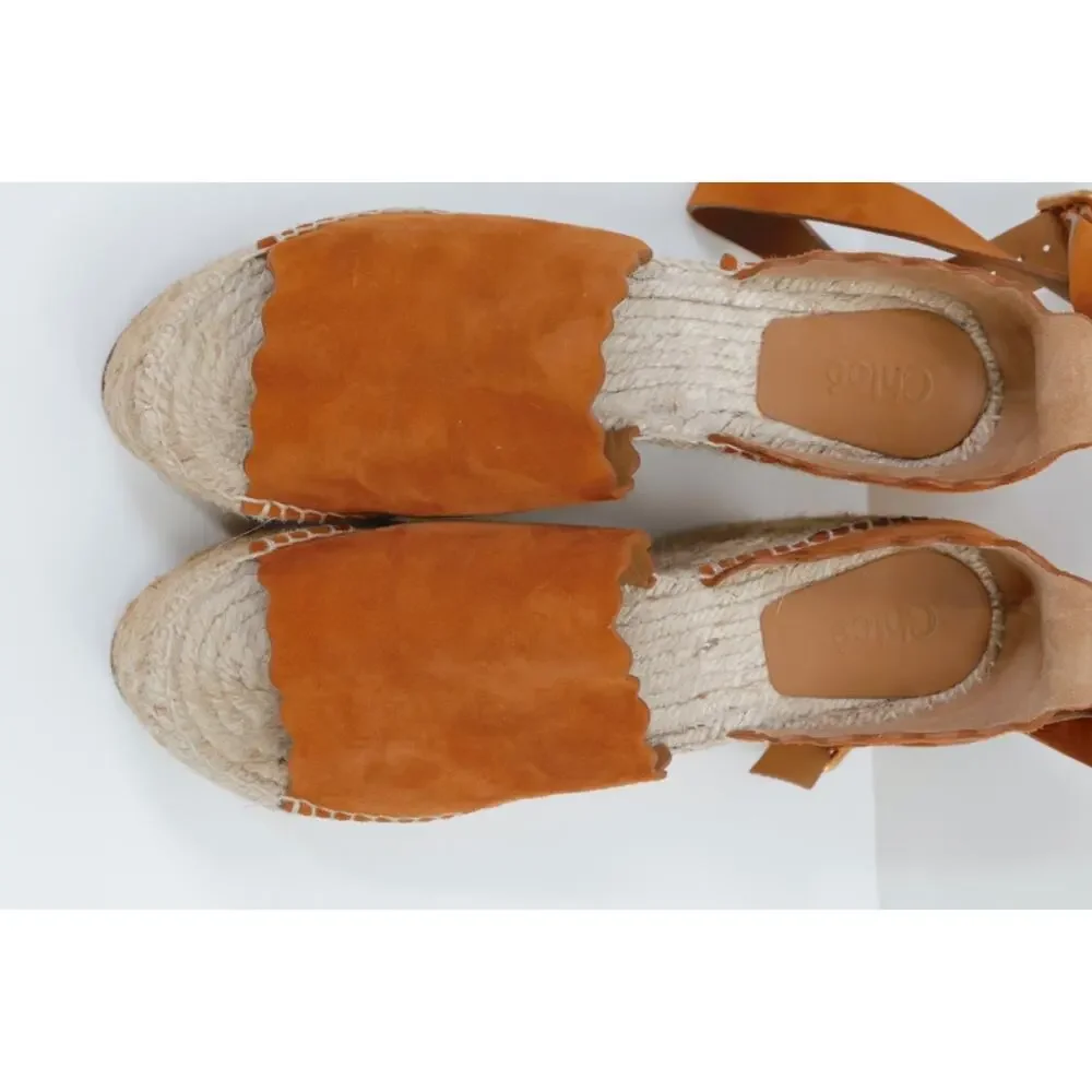 Chloe Lauren Scalloped Suede Espadrille Wedge Sandals 38 Tan Chestnut Platforms